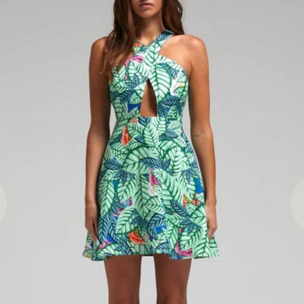 Mara Hoffman Linen Green Leaf Print Cross Front Mini Dress NWT Size 8
